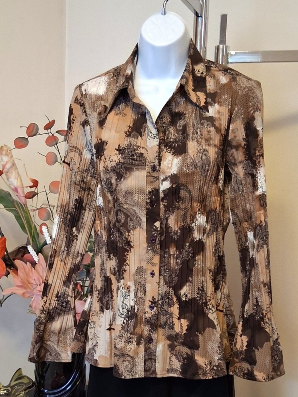 NEW Pleated Brown Floral Printed Shirt Long Sleeve Button Down Blouse Top 8